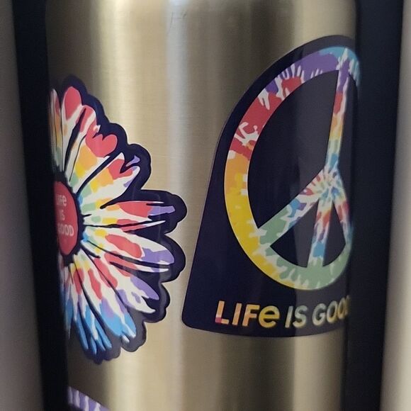 NEW LIFE IS GOOD STICKER TIEDYE PEACE STAINLESS STEEL WATER BOTTLE 40 OZ NWT - Picture 8 of 9